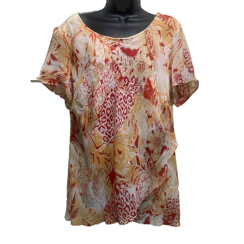 Spago Collection Paisley/Cheetah Red/Beige Chiffon‎ Short Sleeve Blouse Sz 16W